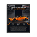 Framed Orange Mercedes-AMG GT Black Series print shown as a statement piece on a gallery wall