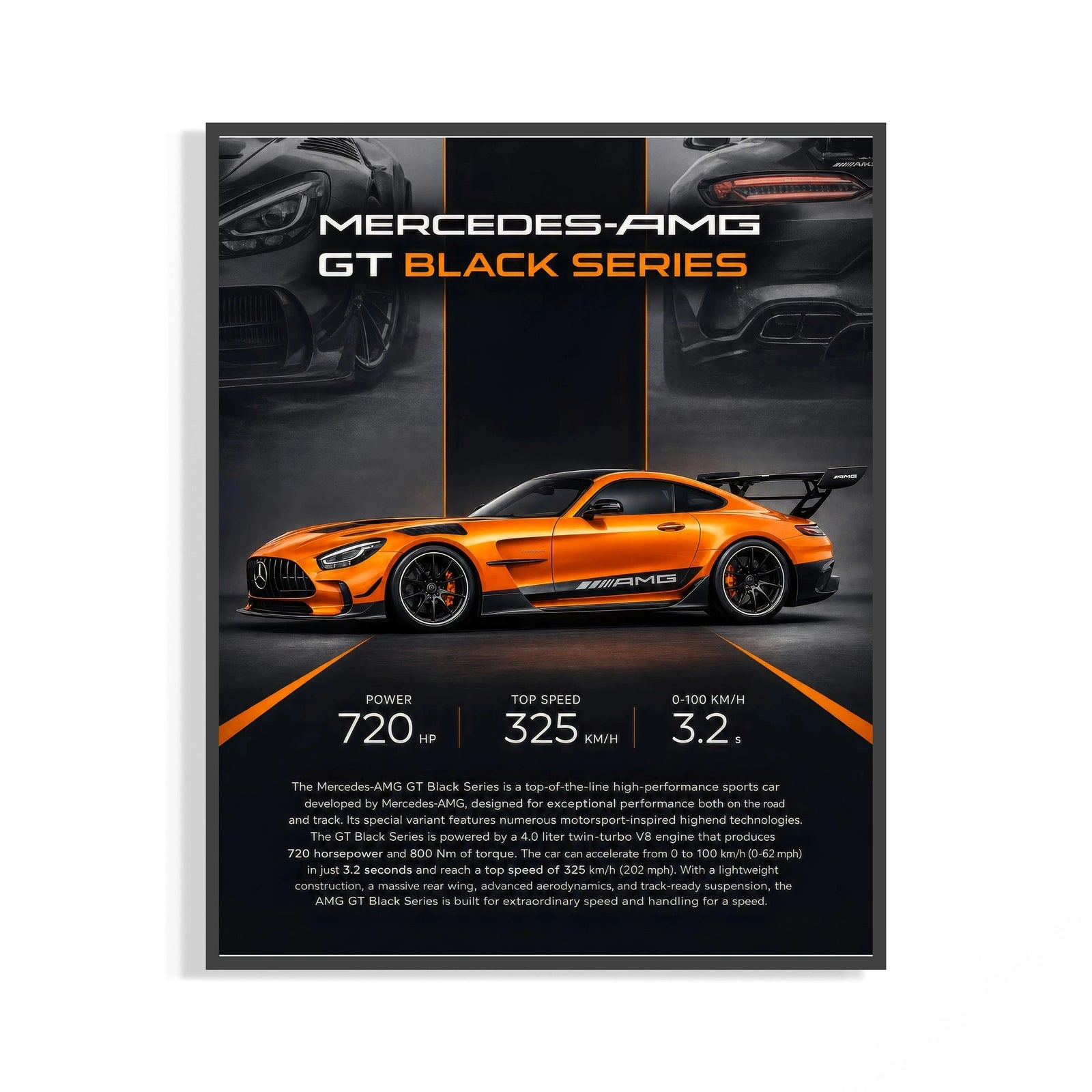 Framed Orange Mercedes-AMG GT Black Series print shown as a statement piece on a gallery wall
