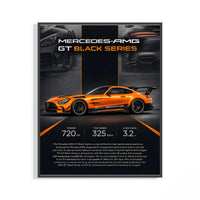 Framed Orange Mercedes-AMG GT Black Series print shown as a statement piece on a gallery wall