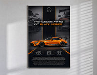 Orange Mercedes-AMG GT Black Series poster framed in white on a clean gallery wall