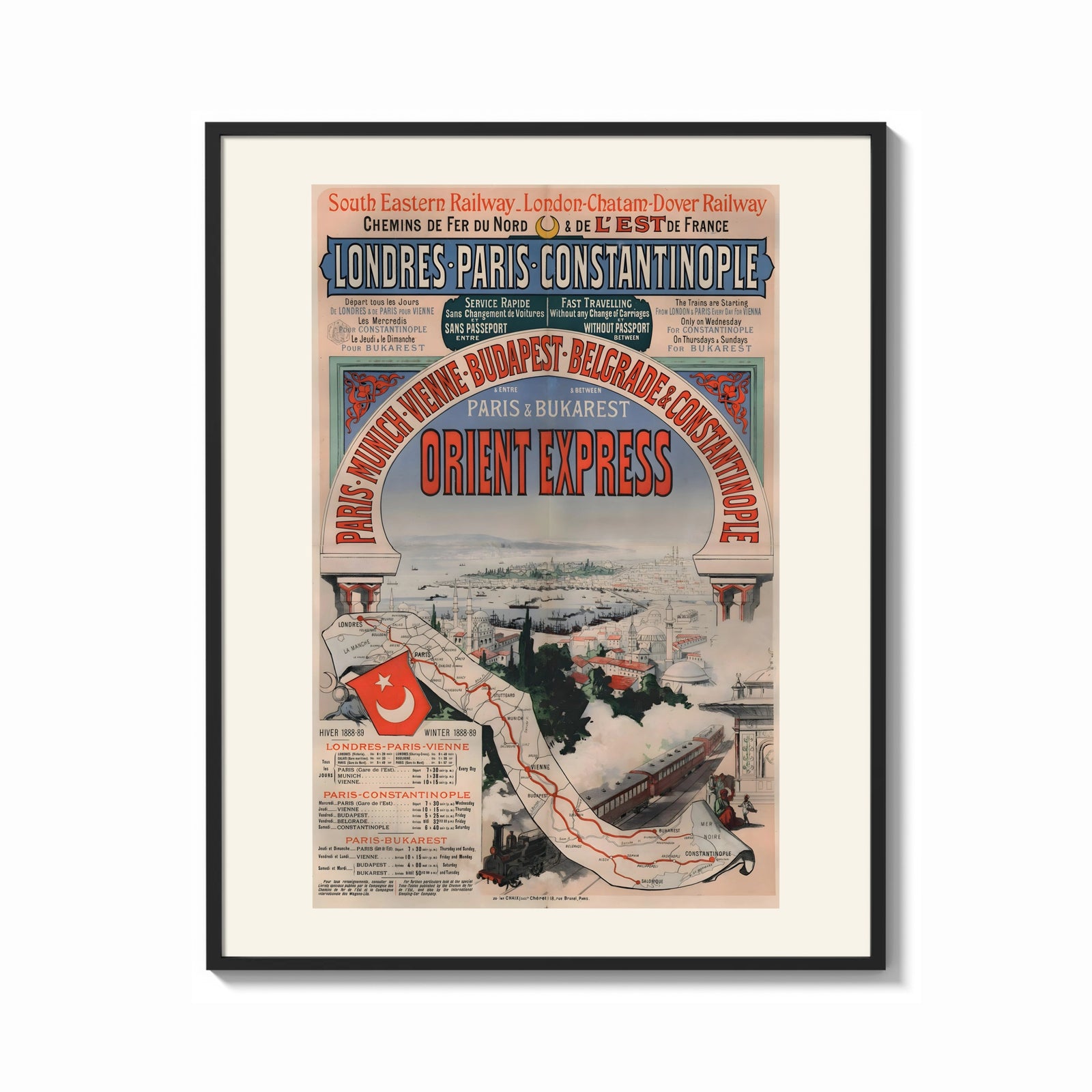 Framed Orient Express railway travel poster print shown as a bold statement piece on a clean gallery wall