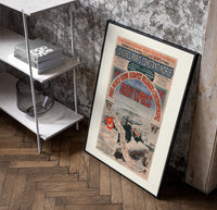 Orient Express railway travel poster poster in a black frame leaning beside a shelf in a raw-plaster loft