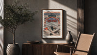 Orient Express railway travel poster poster framed above a fluted sideboard beside an olive tree