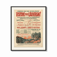 Framed French Auvergne railway travel advertisement print shown as a bold statement piece on a clean gallery wall