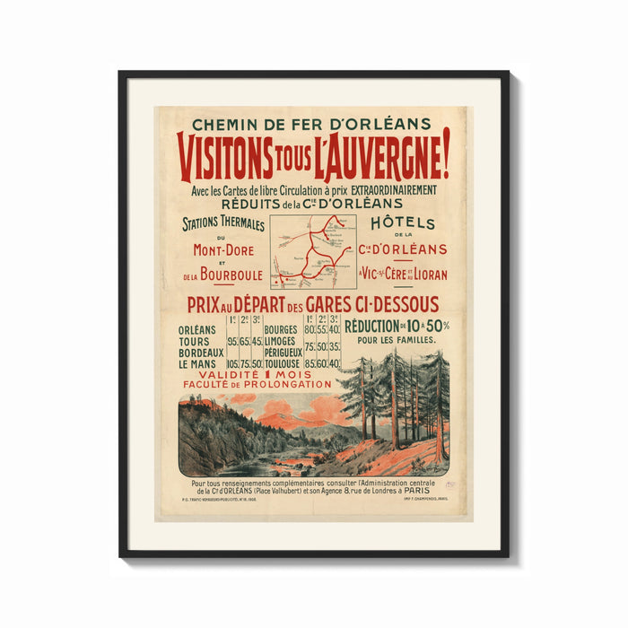 Framed French Auvergne railway travel advertisement print shown as a bold statement piece on a clean gallery wall