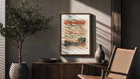 French Auvergne railway travel advertisement poster framed above a fluted sideboard beside an olive tree