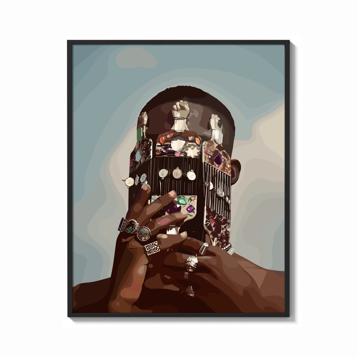 Framed Ornate Headpiece with Fringe and Rings print shown as a bold statement piece on a clean gallery wall