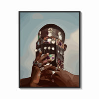 Framed Ornate Headpiece with Fringe and Rings print shown as a bold statement piece on a clean gallery wall