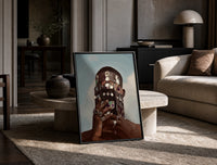 Ornate Headpiece with Fringe and Rings print on the floor, leaning against a travertine table
