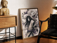 Brass-framed Long-haired man with giant white snake print leaning in a warm styled corner by a sculpture