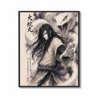 Framed Long-haired man with giant white snake print shown as a bold statement piece on a clean gallery wall