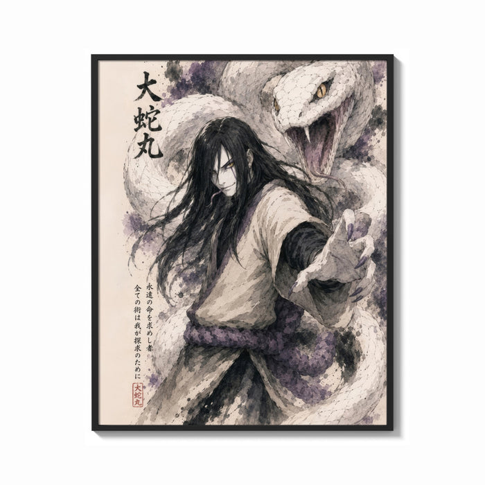 Framed Long-haired man with giant white snake print shown as a bold statement piece on a clean gallery wall