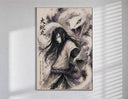 Long-haired man with giant white snake poster in a slim frame on a bright wall with soft window light