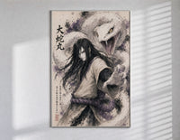 Long-haired man with giant white snake poster in a slim frame on a bright wall with soft window light
