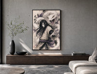 Long-haired man with giant white snake poster framed above a wood console in a concrete-wall living room