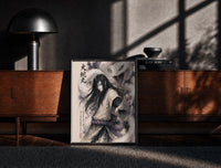 Black-framed Long-haired man with giant white snake print on a moody console with designer coffee-table books