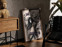 Walnut-framed Long-haired man with giant white snake print leaning against a sunlit rustic brick wall