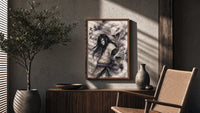 Long-haired man with giant white snake poster framed above a fluted sideboard beside an olive tree