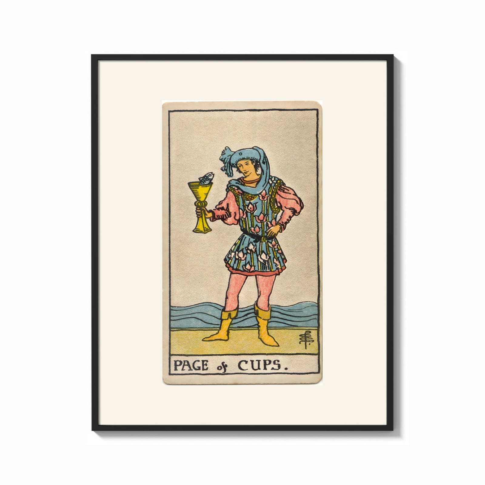 Framed Page holding cup with fish print shown as a bold statement piece on a clean gallery wall