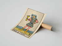 Gently curled Page of Cups print beside its protective shipping tube