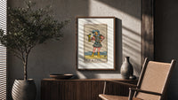 Page holding cup with fish poster framed above a fluted sideboard beside an olive tree