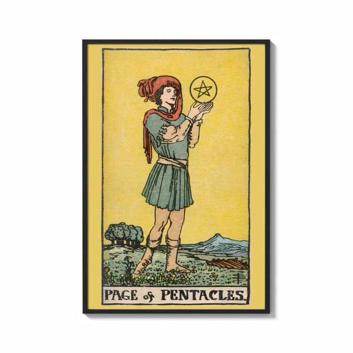 Framed Page of Pentacles print shown as a bold statement piece on a clean gallery wall