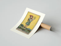 Rolled Youth holding pentacle coin poster beside its crush-resistant kraft shipping tube