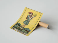 Gently curled Page of Pentacles print beside its protective shipping tube