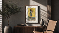 Youth holding pentacle coin poster framed above a fluted sideboard beside an olive tree