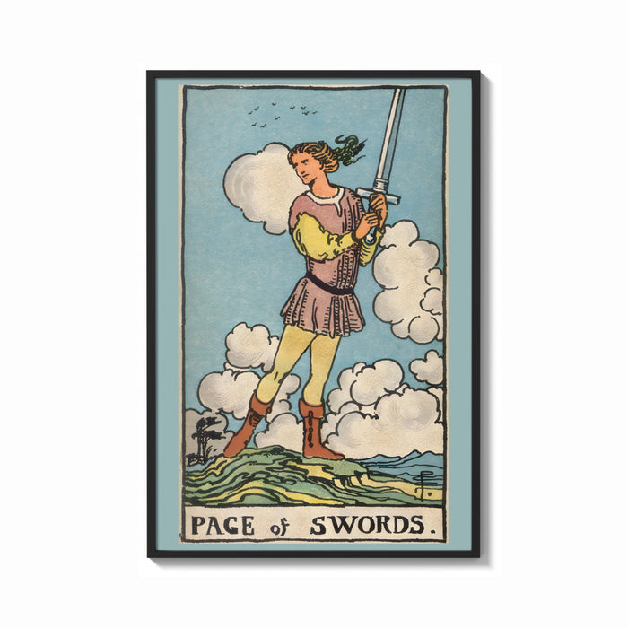Framed Page of Swords print shown as a bold statement piece on a clean gallery wall