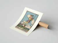 Rolled Young figure holding upraised sword poster beside its crush-resistant kraft shipping tube