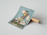 Gently curled Page of Swords print beside its protective shipping tube