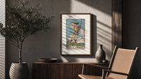 Young figure holding upraised sword poster framed above a fluted sideboard beside an olive tree