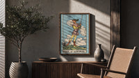 Page of Swords poster framed above a fluted sideboard beside a potted tree