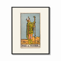 Framed Page of Wands tarot figure print shown as a bold statement piece on a clean gallery wall