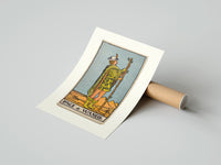 Rolled Page of Wands tarot figure poster beside its crush-resistant kraft shipping tube