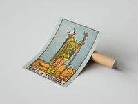 Gently curled Page of Wands print beside its protective shipping tube