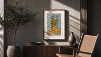 Page of Wands tarot figure poster framed above a fluted sideboard beside an olive tree