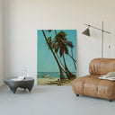 Beach scene with palm trees and surfers poster framed in a luxury living-room setting