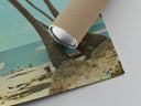 Matte paper-texture close-up of the Beach scene with palm trees and surfers print