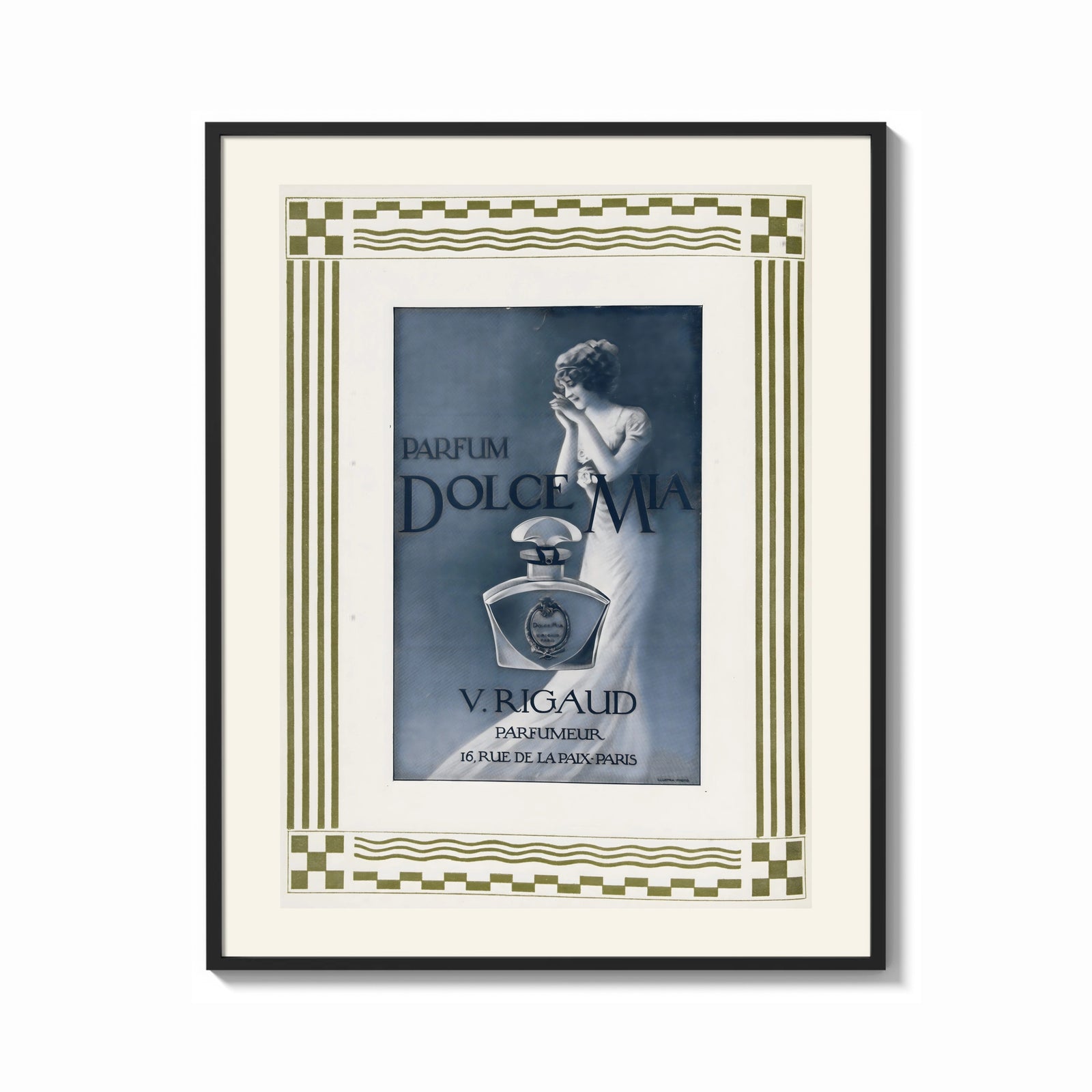 Framed Elegant woman with perfume bottle print shown as a bold statement piece on a clean gallery wall