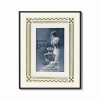 Framed Elegant woman with perfume bottle print shown as a bold statement piece on a clean gallery wall