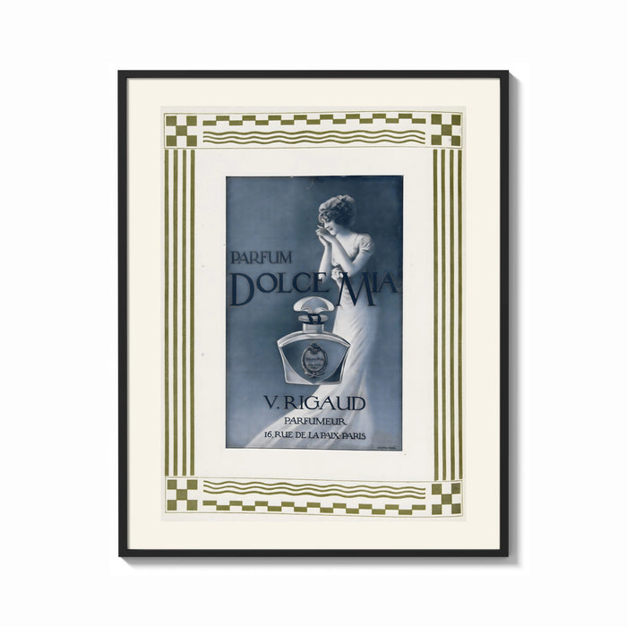 Framed Elegant woman with perfume bottle print shown as a bold statement piece on a clean gallery wall