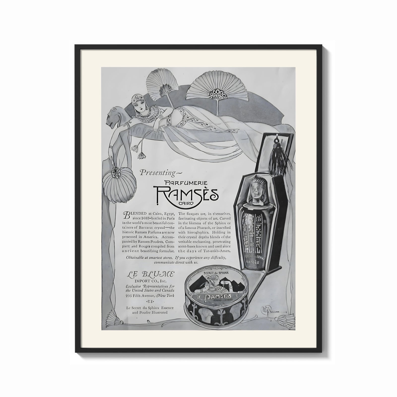 Framed Reclining Egyptian woman perfume advertisement print shown as a bold statement piece on a clean gallery wall