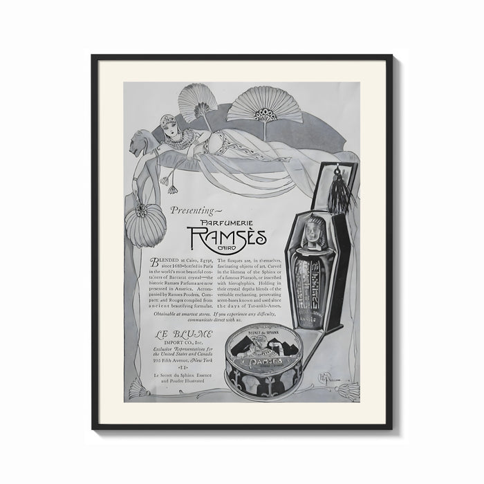 Framed Reclining Egyptian woman perfume advertisement print shown as a bold statement piece on a clean gallery wall