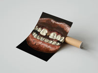 Gently curled Parted Lips with Gold-Tone Grillz print beside its protective shipping tube