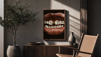 Parted Lips with Gold-Tone Grillz poster framed above a fluted sideboard beside a potted tree