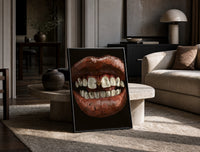 Parted Lips with Gold-Tone Grillz print on the floor, leaning against a travertine table