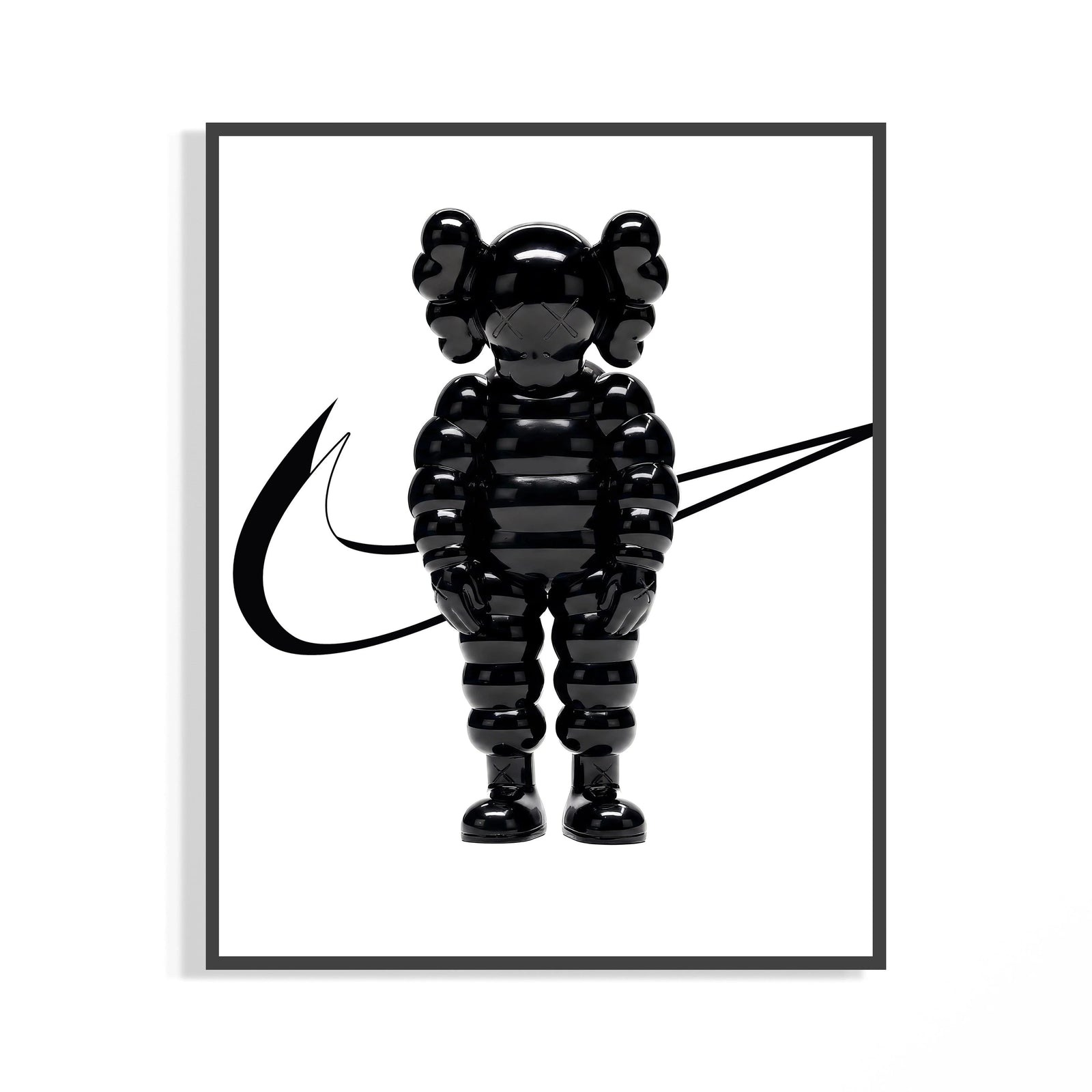 Framed Black inflated cartoon companion figure print displayed as a statement piece