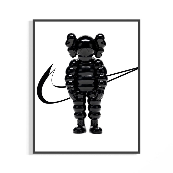 Framed Black inflated cartoon companion figure print displayed as a statement piece